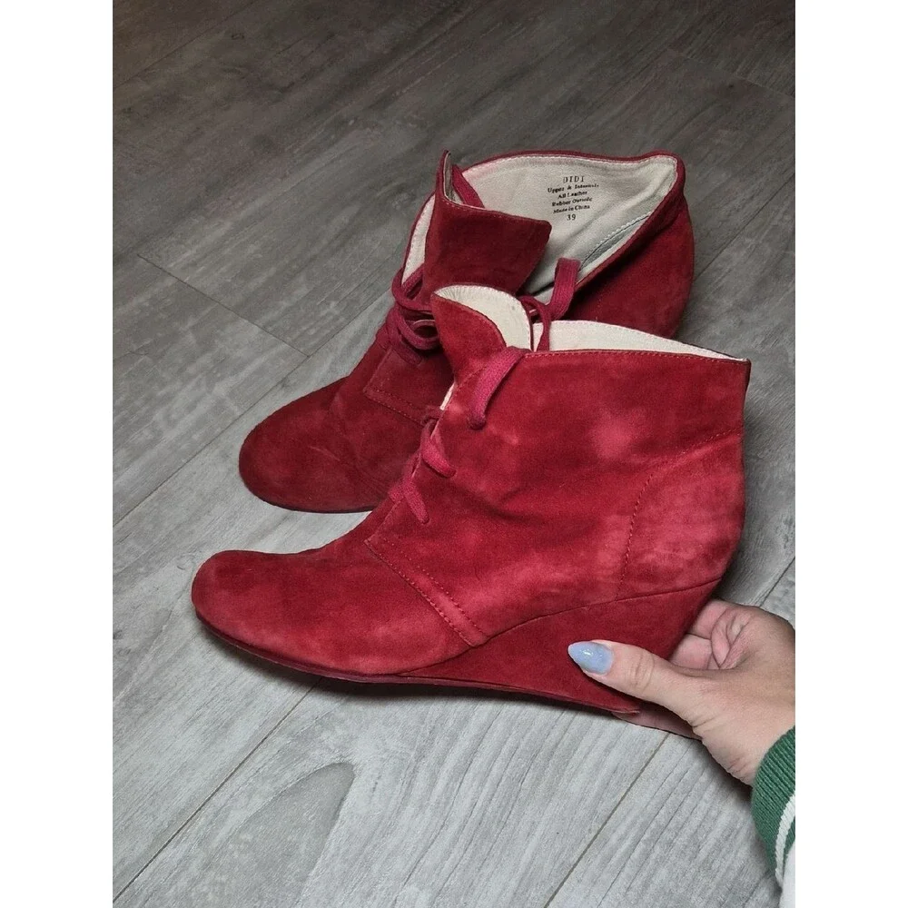 Didi Leather Red Suede Booties 39 Lace-Up Women's Ankle Boots